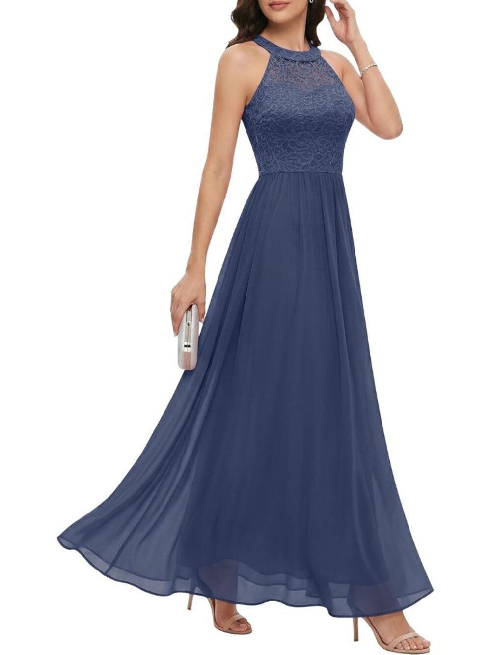 Dusty Purple Floral Lace Halter Long Formal Prom Bridesmaid Dress Sz XS-3X